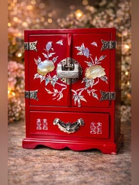 VINTAGE Chinese Red Lacquer Jewelry Cabinet MOP Inlay Working Lock & Key Unique